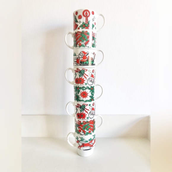 SOLD**Vintage Mid Century 50s 60s Christmas Stacking Cups Mugs Set of 8 - Picture 8 of 16